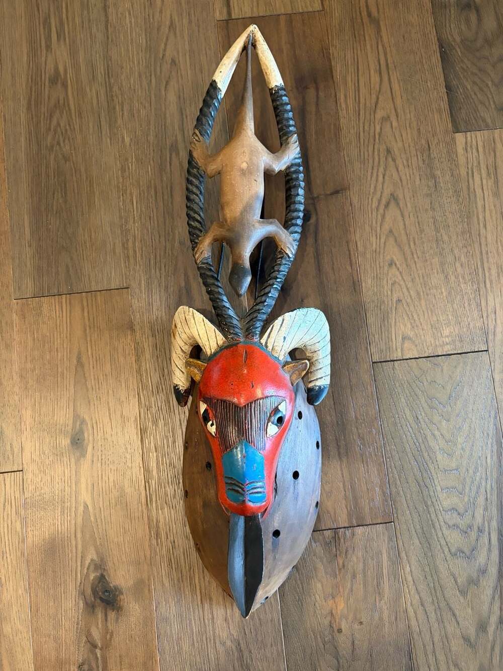 Vintage Hand Carved Guro African Tribal Mask with Ram and Lizard